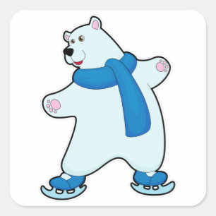 Sticker Carré Ours polaire au patinage sur glace avec Ecarf