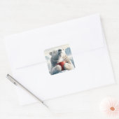 Sticker Carré Ours Polaire Avec Mug De Café Rouge (Enveloppe)