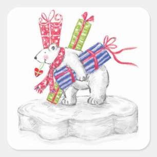 Sticker Carré Ours polaire de dessin animé mignon avec des cadea
