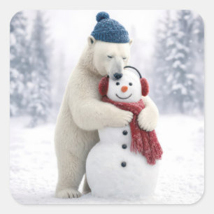 Sticker Carré Ours polaire de Noël serrant un bonhomme de neige