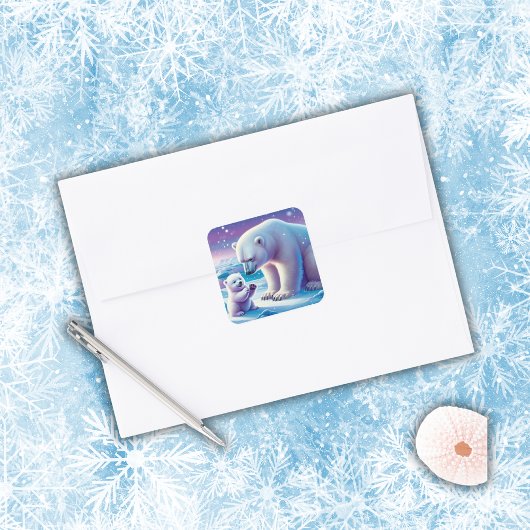 Sticker Carré Ours polaire maman avec petit |