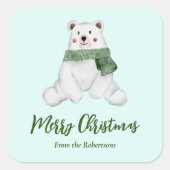 Sticker Carré Ours polaire mignon avec écaille verte Joyeux Noël (Devant)