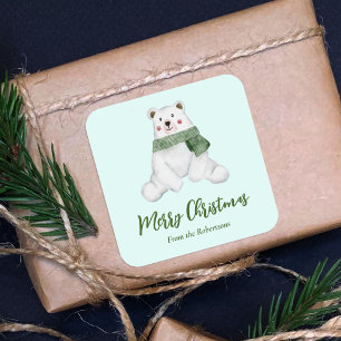 Sticker Carré Ours polaire mignon avec écaille verte Joyeux Noël