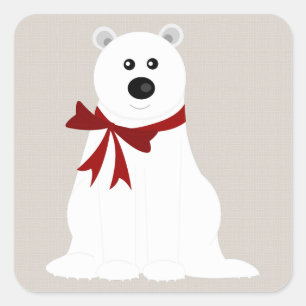 Sticker Carré Ours polaire mignon avec Red Bow Rustique vacances