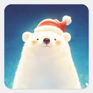 Sticker Carré Ours polaire portant un chapeau de Père Noël avec