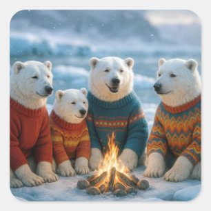 Sticker Carré Ours polaires de Noël autour d'un feu de joie