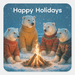 Sticker Carré Ours polaires de Noël autour d'un feu de joie