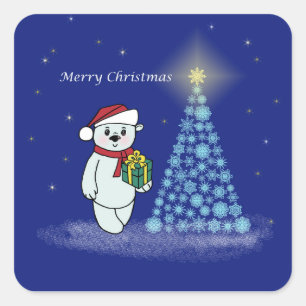 Sticker Carré Ourson à côté du sapin de Noël
