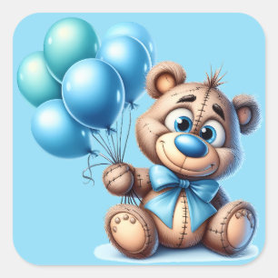 Sticker Carré Ourson avec Ballons Bleus Baby Shower
