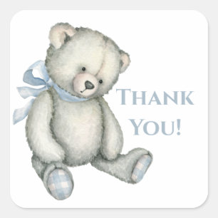 Sticker Carré Ourson Bleu Bébé Garçon Ourson en Aquarelle Merci
