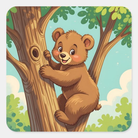 Sticker Carré Ourson mignon grimpant à un arbre (Devant)