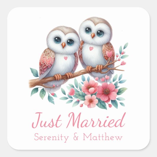Sticker Carré Owl Boho Rustic Country Woodland Just Married (Devant)
