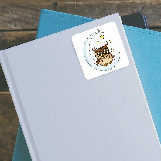 Sticker Carré Owl Moon Blue Cute Stars