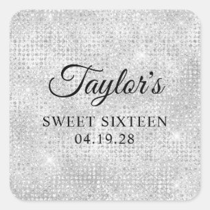 Sticker Carré Paillettes de disco blanc argenté Sweet Sixteen