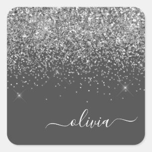 Sticker Carré Paillettes de fille gris argenté Monogramme Nom