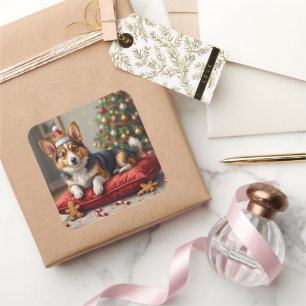 Sticker Carré Pain de Noël de chien Corgi avec couronne de Père