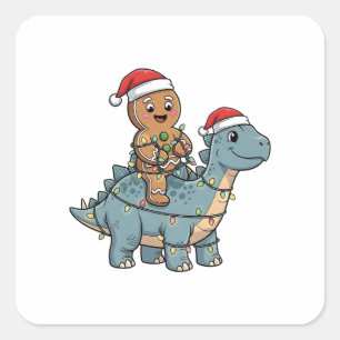 Sticker Carré Pain d'épice à cheval sur un dinosaure Santa Noël