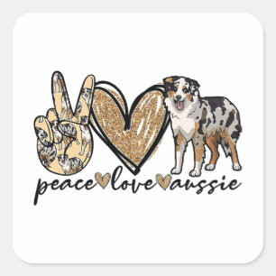 Sticker Carré Paix, Amour, Aussie, Chien berger australien, Anim