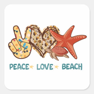 Sticker Carré Paix, Amour, Plage Paix à la main, Coeur, Tortue