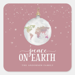 Sticker Carré Paix sur Terre Globe Ornement Dusty Rose Holiday