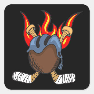 Sticker Carré Palet de hockey en feu et bâtons de hockey en flam