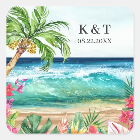 Sticker Carré Palm Paradise Plage tropicale Mariage & Douche (Devant)