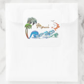 Sticker Carré Palmiers 3d, vagues et MAUI couché de soleil (Sac)