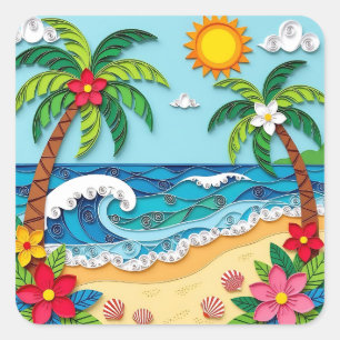 Sticker Carré Palmiers sur la Plage 
