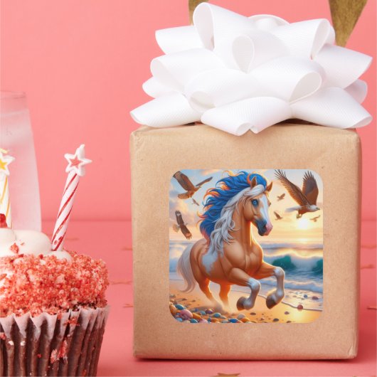 Sticker Carré Palomino Paint Horse Océan (Fête)