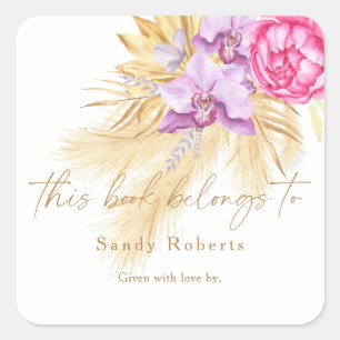 Sticker Carré Pampas d'herbe séchée Boho - ce livre appartient à