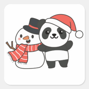 Sticker Carré Panda Avec Snowman En Hiver Pour Noël Carré