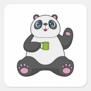 Sticker Carré Panda avec tasse de café