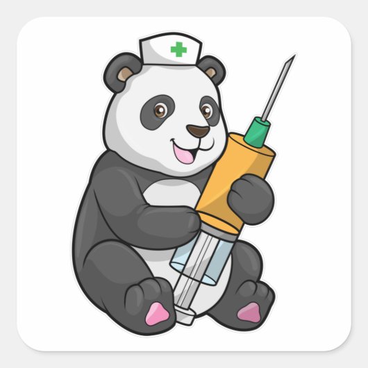 Sticker Carré Panda comme infirmière avec seringue (Devant)