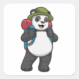Sticker Carré Panda comme randonneur avec sac à dos