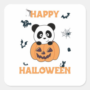 Sticker Carré Panda En Pandas Douces Citrouilles Bonne Halloween