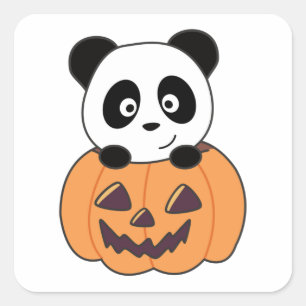 Sticker Carré Panda En Pandas Douces Citrouilles Bonne Halloween