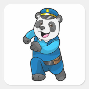Sticker Carré Panda en policier avec un chapeau de policier