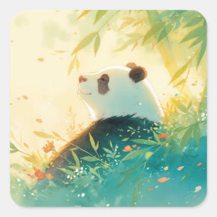 Sticker Carré Panda géant contemplant une forêt de bambou ensole