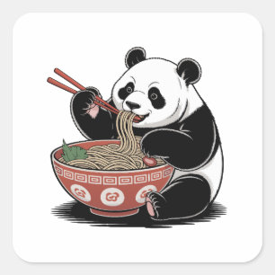 Sticker Carré Panda manger Ramen japonais Retro Ukiyo-e Style