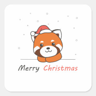Sticker Carré Panda Rouge Noël Neige Animaux d'hiver Pandas