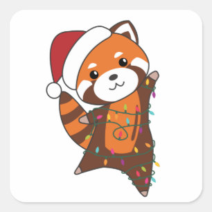 Sticker Carré Panda Rouge Noël Neige Animaux d'hiver Pandas