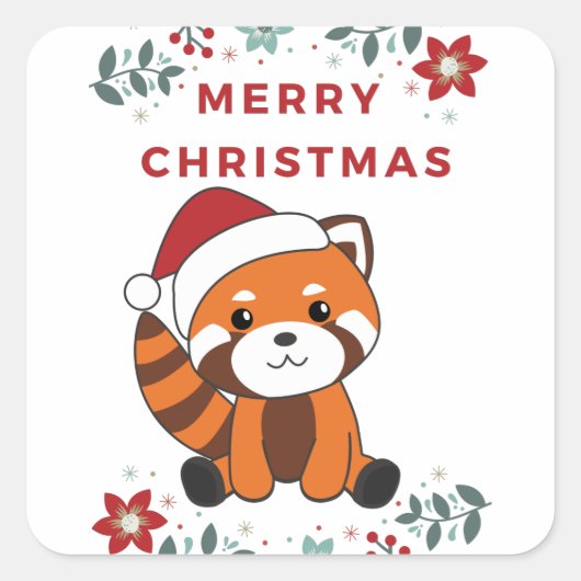 Sticker Carré Panda Rouge Noël Neige Animaux d'hiver Pandas (Devant)