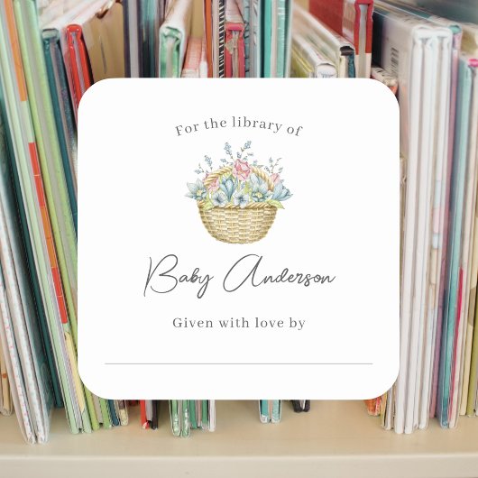 Sticker Carré Panier à Baby shower bleu rose Floral