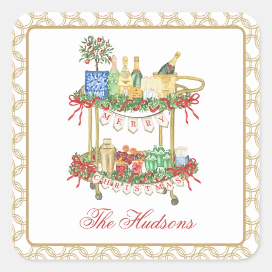 Sticker Carré Panier de champagne de Noël en aquarelle (Devant)