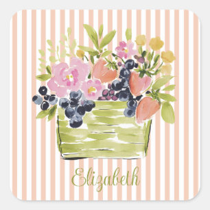 Sticker Carré Panier de fruits et fleurs à l'aquarelle sur rayur