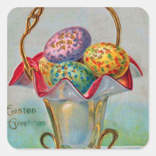 Sticker Carré Panier de Pâques vintage Œuf coloré