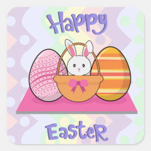 Sticker Carré Panier d'œufs de Pâques de lapin heureux