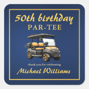Sticker Carré Panier Thème Golf Élégant Bleu Or 50e Anniversaire