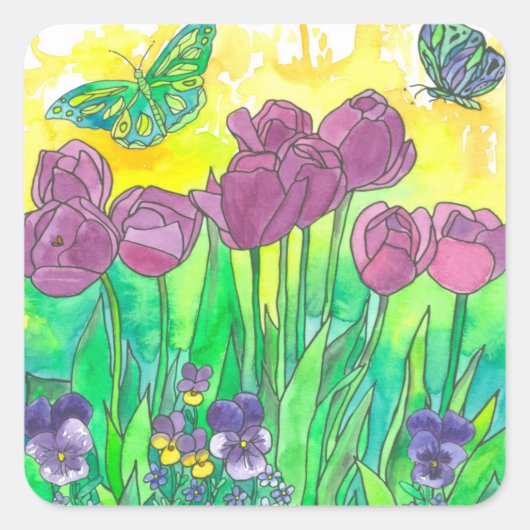 Sticker Carré Pansies de tulipe pourpre Fleurs d'aquarelle (Devant)