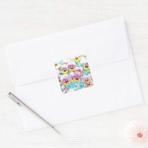 Sticker Carré Pansies rose jaune et blanc aquarelle carré st